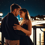 **

A couple dances romantically on a bridge at night, illuminated by soft, cinematic lamplight. The city lights twinkle in the background, creating a magical, Instagrammable moment. Capture the essence of romance and urban beauty. VSCO filter.

**