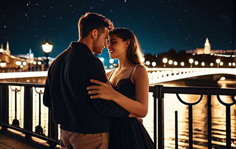 **

A couple dances romantically on a bridge at night, illuminated by soft, cinematic lamplight. The city lights twinkle in the background, creating a magical, Instagrammable moment. Capture the essence of romance and urban beauty. VSCO filter.

**