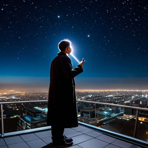 Home 28 A lone person, fully clothed in a modest, professional coat, stands on a modern city rooftop at night, looking up at the sky. The vast urban landscape below is brilliantly lit, creating a powerful light dome that obscures the vast majority of stars. The individual's posture suggests a contemplative mood, reflecting on the lost grandeur of the celestial sphere. The scene is bathed in a mix of city glow and the faint remnants of natural night, emphasizing the impact of light pollution. Perfect anatomy, correct proportions, natural pose, well-formed hands, proper finger count, natural body proportions. Safe for work, appropriate content, fully clothed, modest clothing, appropriate attire, family-friendly, professional photography, high quality.