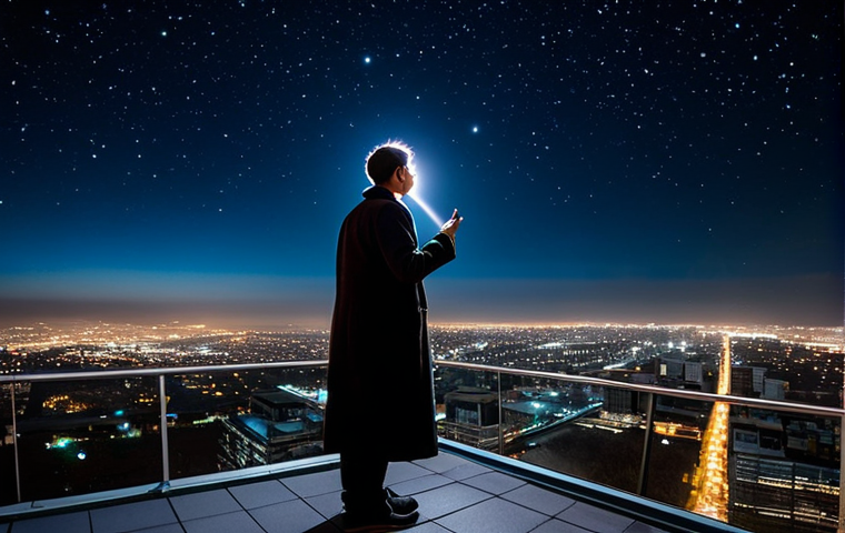 A lone person, fully clothed in a modest, professional coat, stands on a modern city rooftop at night, looking up at the sky. The vast urban landscape below is brilliantly lit, creating a powerful light dome that obscures the vast majority of stars. The individual's posture suggests a contemplative mood, reflecting on the lost grandeur of the celestial sphere. The scene is bathed in a mix of city glow and the faint remnants of natural night, emphasizing the impact of light pollution. Perfect anatomy, correct proportions, natural pose, well-formed hands, proper finger count, natural body proportions. Safe for work, appropriate content, fully clothed, modest clothing, appropriate attire, family-friendly, professional photography, high quality.