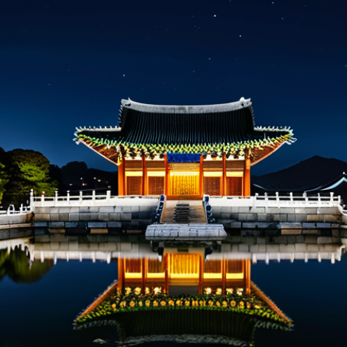 Home 27 A breathtaking wide shot of Gyeongbokgung Palace at night, with the Hyangwonjeong Pavilion beautifully illuminated by soft artificial lights. The ancient Korean architecture is highlighted against the dark sky, casting elegant shadows. The pavilion perfectly reflects in the tranquil water of the pond, creating a symmetrical, dreamlike scene. The atmosphere is peaceful and historical. Professional architectural photography, high resolution, perfect anatomy, correct proportions, natural pose, well-formed hands, proper finger count, natural body proportions, safe for work, appropriate content, fully clothed, modest, family-friendly.