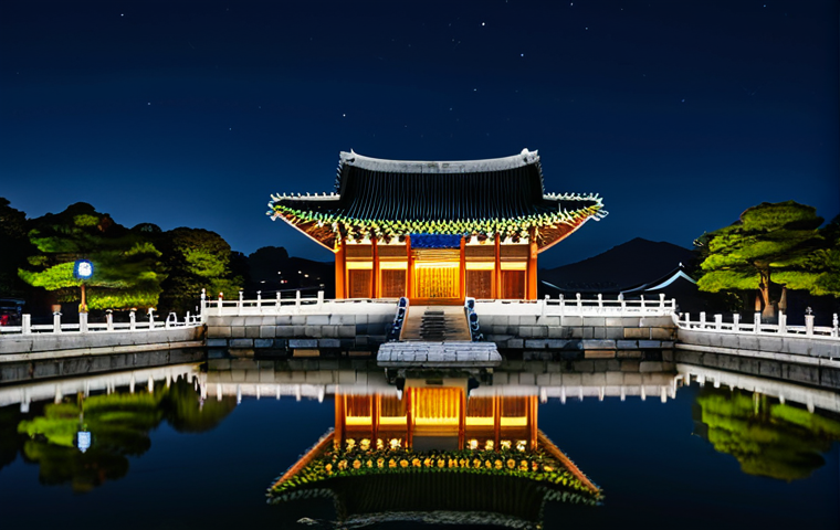 A breathtaking wide shot of Gyeongbokgung Palace at night, with the Hyangwonjeong Pavilion beautifully illuminated by soft artificial lights. The ancient Korean architecture is highlighted against the dark sky, casting elegant shadows. The pavilion perfectly reflects in the tranquil water of the pond, creating a symmetrical, dreamlike scene. The atmosphere is peaceful and historical. Professional architectural photography, high resolution, perfect anatomy, correct proportions, natural pose, well-formed hands, proper finger count, natural body proportions, safe for work, appropriate content, fully clothed, modest, family-friendly.