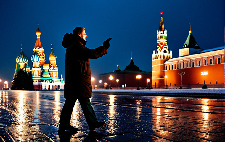 A professional photographer, dressed in modest, warm winter clothing, is positioned on a slightly wet pavement, expertly capturing the majestic night panorama of Moscow's Red Square. The iconic St. Basil's Cathedral and the illuminated Kremlin are central, their brilliant lights reflecting beautifully on the damp ground. The scene evokes a magical atmosphere of light and shadow, highlighting the grand architecture. Professional photography, high resolution, detailed, stunning nightscape, perfect anatomy, correct proportions, natural pose, well-formed hands, proper finger count, natural body proportions, safe for work, appropriate content, fully clothed, professional.