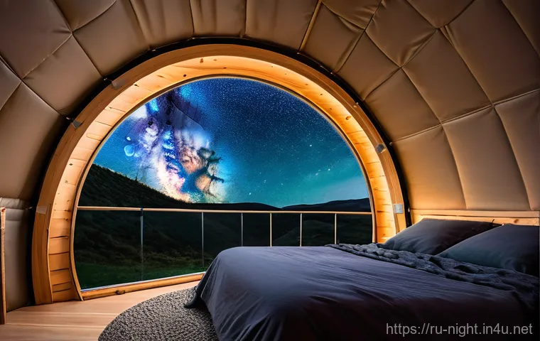 캠핑장에서 보는 야경 - **Prompt 1: Glamping Under the Milky Way**
"A cozy glamping dome with a transparent roof, situat...