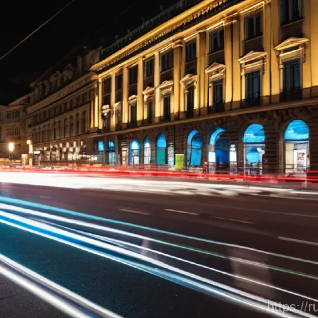 야경 촬영을 위한 ND필터 - **Urban Light Trails and Ghostly Crowds:** A nighttime wide-angle shot of a bustling city street, ev...