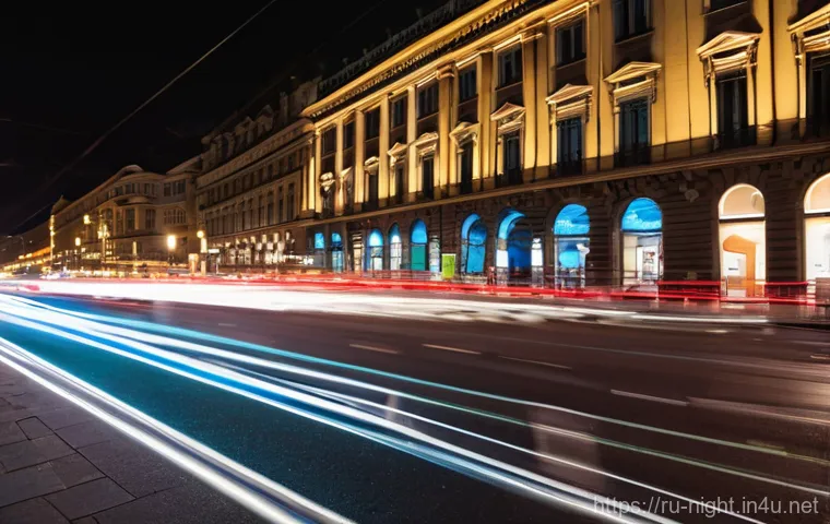 야경 촬영을 위한 ND필터 - **Urban Light Trails and Ghostly Crowds:** A nighttime wide-angle shot of a bustling city street, ev...