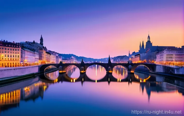야경을 찍기 좋은 시간대 - **Prompt:** "A panoramic shot of a vibrant European city during the enchanting 'blue hour,' just aft...