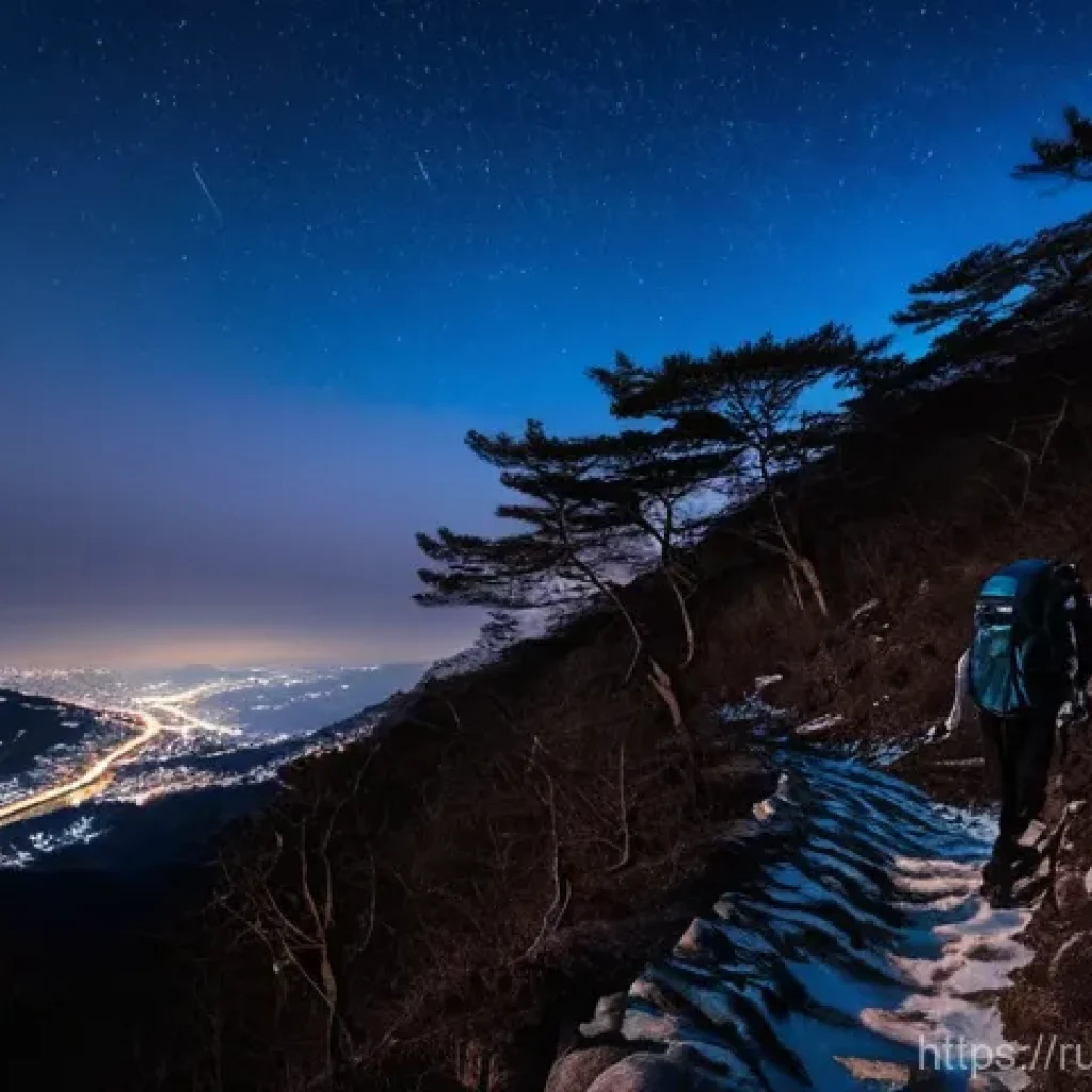 광주 무등산 야경 - **Night Ascent on Mudeungsan, Gwangju:**
"A solitary hiker, viewed from a slightly low angle, is...