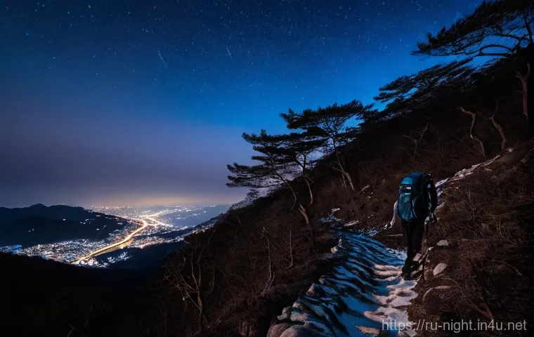 광주 무등산 야경 - **Night Ascent on Mudeungsan, Gwangju:**
"A solitary hiker, viewed from a slightly low angle, is...