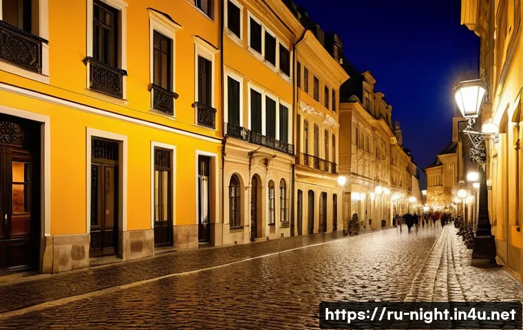 야경을 활용한 여행지 홍보 - A picturesque nighttime cityscape of historic European architecture, warmly illuminated with soft ye...