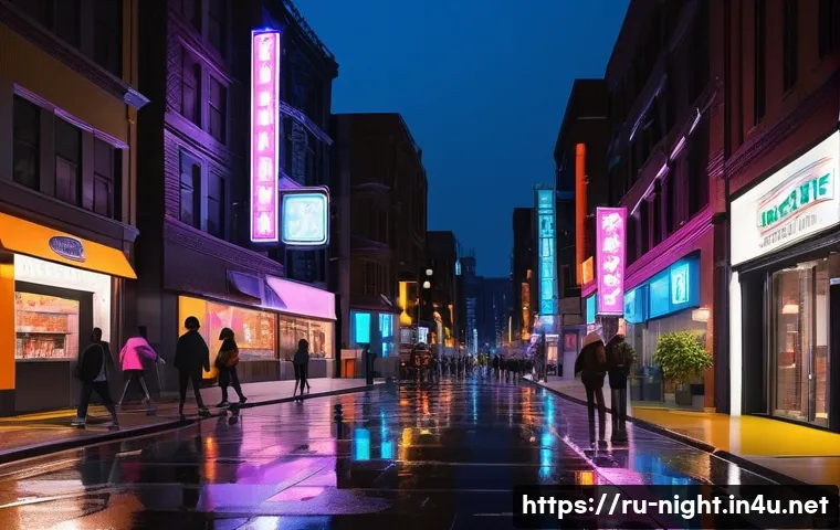 야경을 담은 음악 앨범 - A vibrant nighttime urban street scene showcasing a bustling city with glowing neon signs, softly il...
