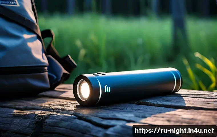 야경 촬영 중 필요한 보조 배터리 - A detailed close-up image of a professional photographer’s night shooting setup outdoors, featuring ...