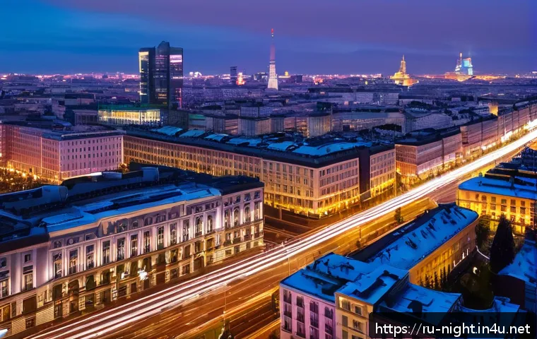 드론 야경 촬영 - A high-resolution night aerial shot of a modern Russian cityscape taken by a drone equipped with a l...