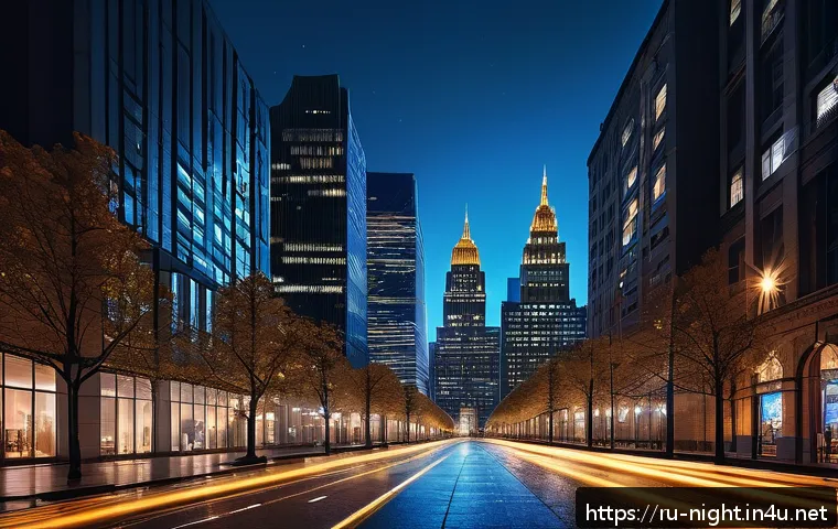 야경을 테마로 한 전시회 - A vibrant nighttime cityscape featuring illuminated modern skyscrapers and historic buildings, their...