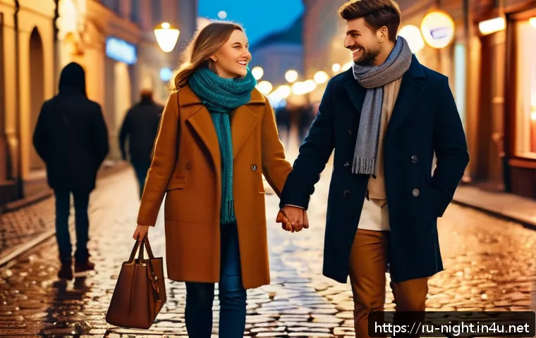 야경 속 연인 사진 촬영법 - A romantic couple dressed in cozy, neutral-toned clothing with soft textures like wool and cashmere,...