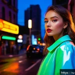 Home 21 야경을 활용한 패션 화보 - A nighttime urban street scene featuring a young female model wearing stylish, light-reflective clot...