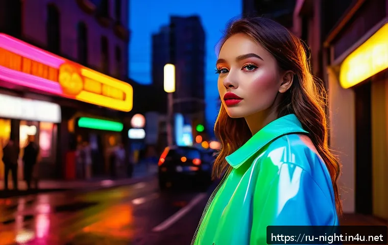야경을 활용한 패션 화보 - A nighttime urban street scene featuring a young female model wearing stylish, light-reflective clot...