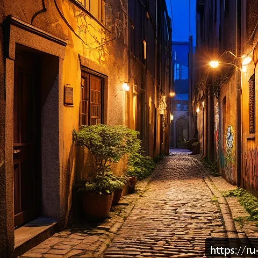 야경 테마 여행 - A narrow, secret city alley at night illuminated by warm, soft spotlights hanging overhead, casting ...