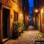 Home 20 야경 테마 여행 - A narrow, secret city alley at night illuminated by warm, soft spotlights hanging overhead, casting ...