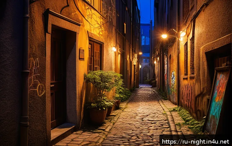야경 테마 여행 - A narrow, secret city alley at night illuminated by warm, soft spotlights hanging overhead, casting ...