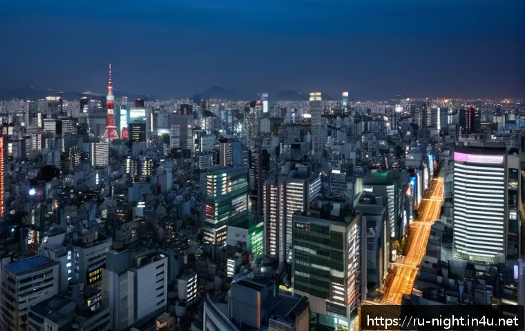 도쿄 타워 야경 - A panoramic night cityscape from the observation deck of a skyscraper in Tokyo’s Shinjuku district, ...