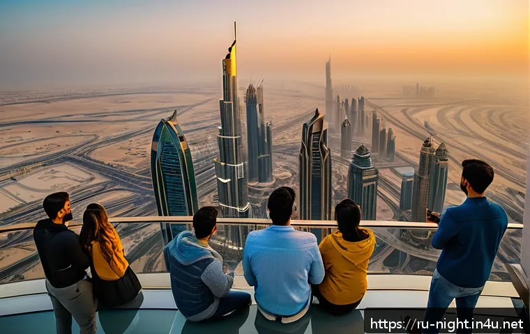 두바이 부르즈칼리파 - A breathtaking panoramic view from the Burj Khalifa observation deck at sunset, capturing the warm g...