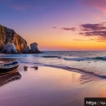 Home 23 해운대 야경 명소 - A serene hidden beach cove at sunset, featuring soft golden sand and calm sea waters gently reflecti...