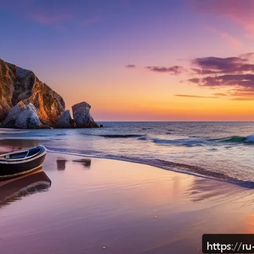Home 17 해운대 야경 명소 - A serene hidden beach cove at sunset, featuring soft golden sand and calm sea waters gently reflecti...