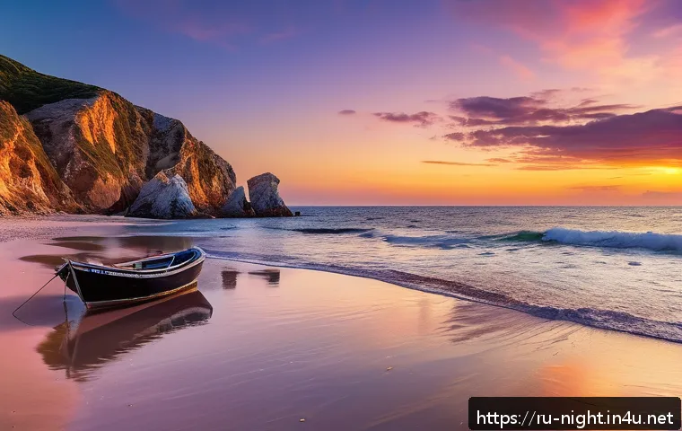 해운대 야경 명소 - A serene hidden beach cove at sunset, featuring soft golden sand and calm sea waters gently reflecti...