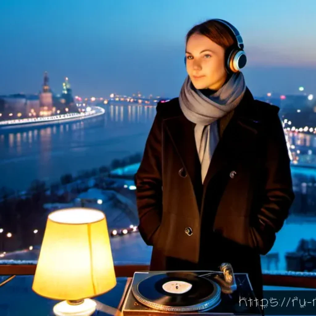 야경 감상과 음악 추천 - Photorealistic nighttime view from a panoramic rooftop terrace in Moscow, a young adult in a warm da...