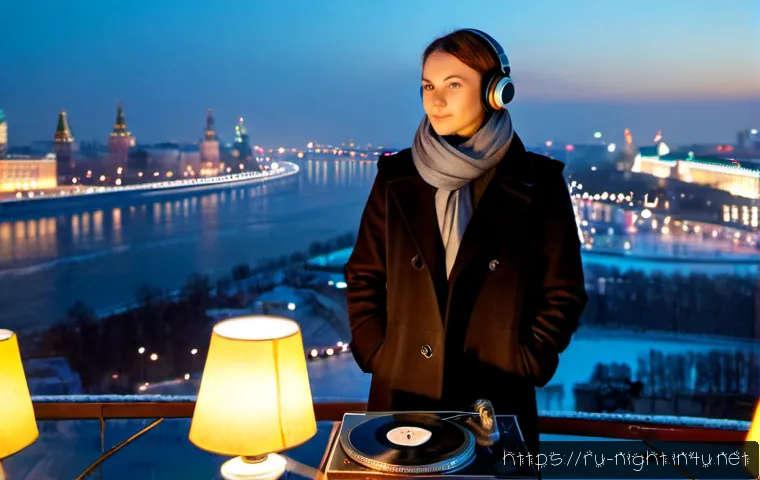 야경 감상과 음악 추천 - Photorealistic nighttime view from a panoramic rooftop terrace in Moscow, a young adult in a warm da...