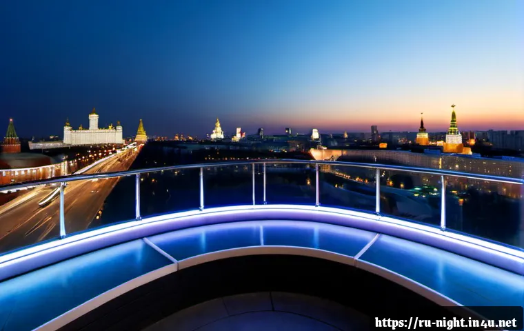 야경과 LED 조명 - Photorealistic panoramic night view of Moscow from a modern rooftop terrace, glowing LED strip light...