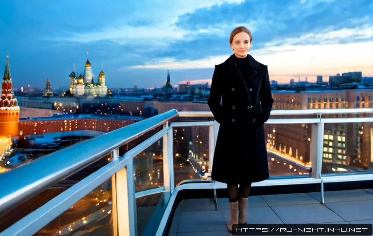 야경 명소 드레스코드 - Photorealistic evening fashion scene at a panoramic Moscow rooftop overlooking the illuminated Mosco...